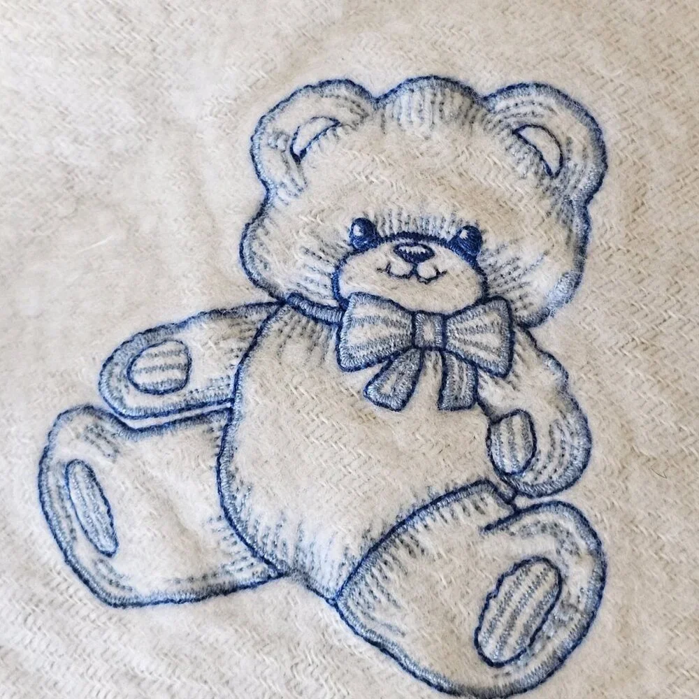 Vtg Gerber Baby Blanket White Blue‎ Teddy Bear Nylon Trim Knit Acrylic USA Made